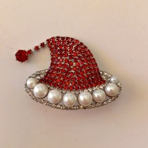 Off Park Collection Santa Hat Brooch. Red crystals and pearls.